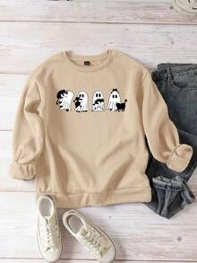 SHEIN Loose Fit Thick Sweatshirt With "Fall Vibes" & Black Cat Pattern, Suitable For Teens And Girls In Autumn And Winter - Camel - View 3
