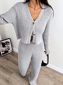 SHEIN EZwear 女士纯色 V 领前扣长袖上衣和裤子针织套装 - 黑色 - 查看 1