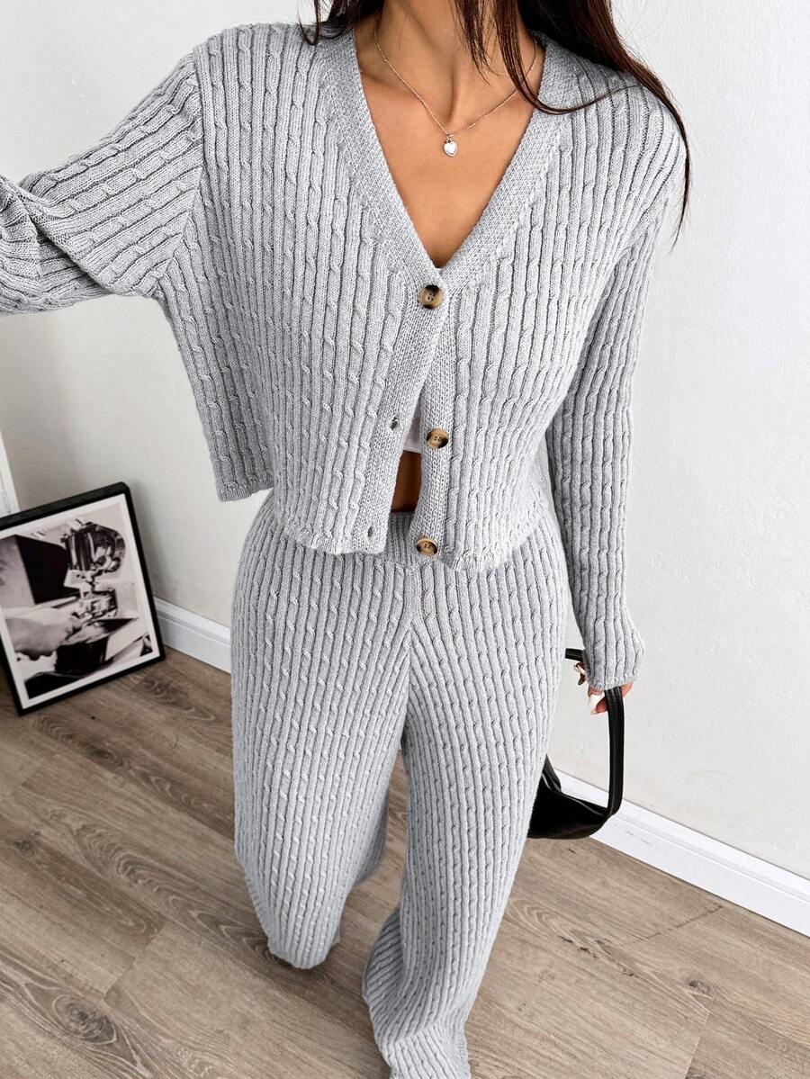 SHEIN EZwear 女士纯色 V 领前扣长袖上衣和裤子针织套装 - 黑色 - 查看 1