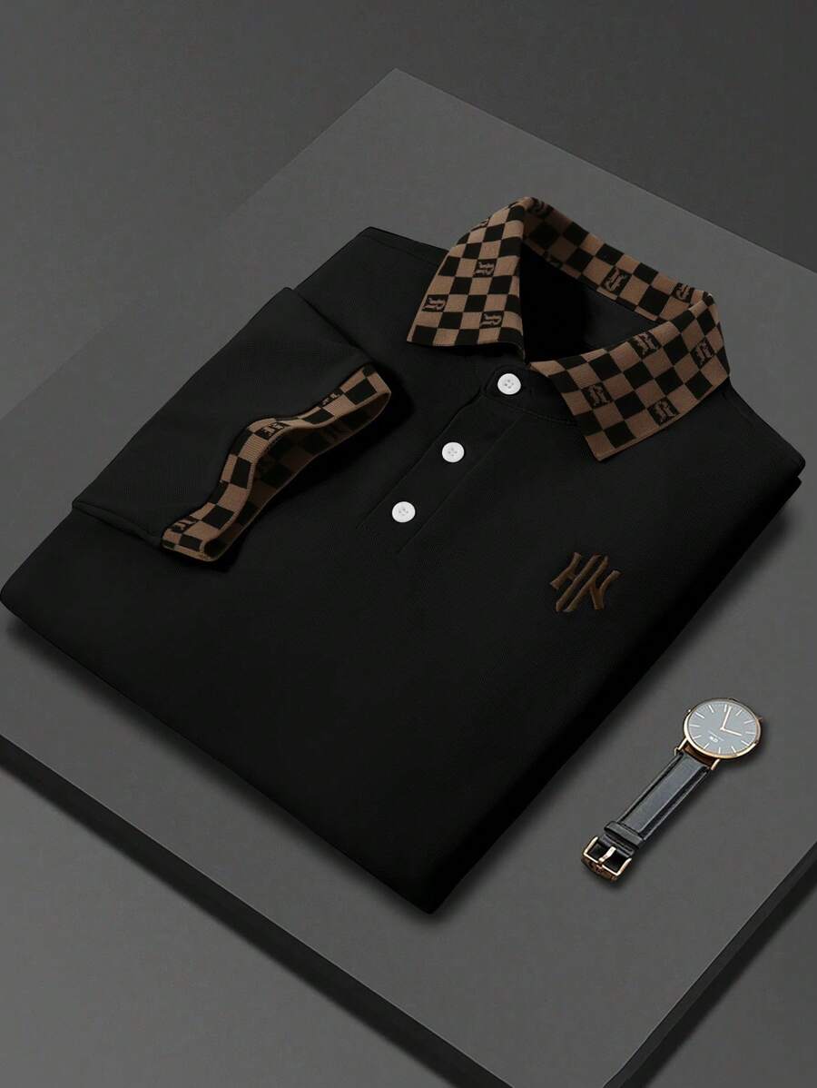 Manfinity Mode 男士夏季格纹短袖休闲通勤 Polo 衫 - 黑色 - 查看 1