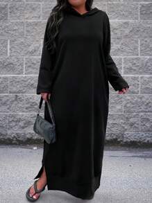 SHEIN LUNE 大码休闲纯色斜口袋开衩下摆宽松连帽连衣裙长款女装 - 黑色 - 查看 6