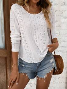 SHEIN LUNE Solid Color Round Neck Hollow Embroidery Casual Long Sleeve T-Shirt - White - View 5