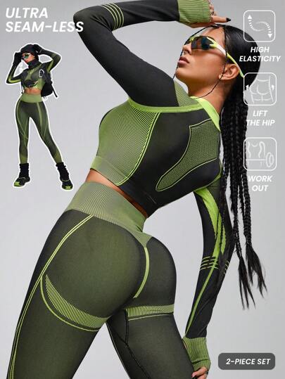 Innovista 高弹力无缝网状结构 3D 塑形运动套装 2 件套女士运动套装、半开套头衫、健身紧身裤、日常休闲和健身套装、瑜伽套装、健身套装、秋装、户外、滑雪、绿色毛衣