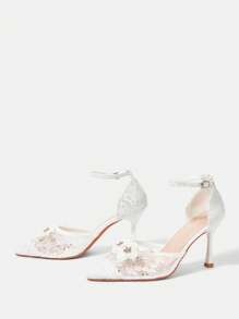 CUCCOO HITCHD 女士尖头花卉蕾丝高跟鞋新年假期 - 白色 - 查看 7