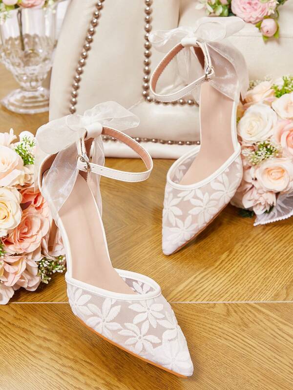 CUCCOO HITCHD White Pointed Toe Lace Butterfly Cutout High Heel Wedding Shoes For Women Spring Shoes Spring Break Easter Prom Heels