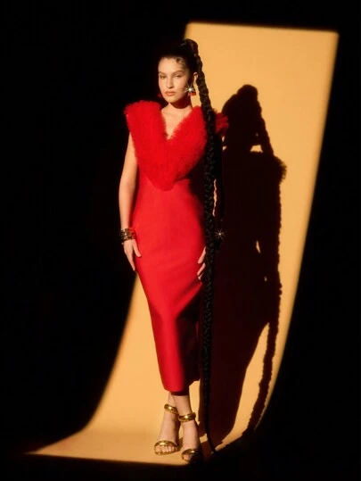 Lumalex Fall Winter Thanksgiving Outfit New Years Thanksgiving Rave Festival Outfits Formal Prom New Years Eve Outfit Concert Pparty BanquetHallMaxi Red Deep V-Neck Mesh Design Bodycon Mid-Length Dress For Women