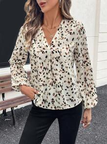 SHEIN Clasi Blusa elegante de manga larga con cuello en V y estampado total para mujer, blusas de manga larga - Albaricoque - Ver 5