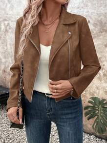 SHEIN LUNE Chaqueta casual con cremallera y cuello de piel sintética para mujer, primavera/otoño - Marrón - Ver 1