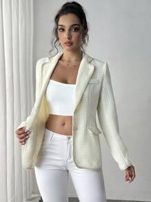 SHEIN Unity 1pc Plain Thick Knitted Cloth Lapel Collar Flap Detail Tape Trim Long Sleeve Overcoat - Apricot - View 6