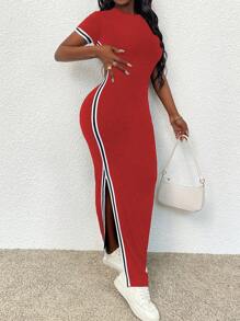 SHEIN LUNE Women Color Block Striped Decorated Round Neck Slit Dress - Red - View 6