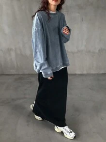 FRIFUL 女士秋季休闲牛仔宽松圆领落肩长袖口袋衬衫，秋季女装 - 藍色 - 查看 3