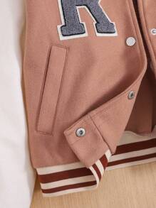 Tween Girls Woolen Blend Patchwork Applique Casual College Style Baseball Jacket, Fashion Streetwear - Khaki - View 6