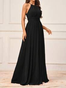 SHEIN Belle 浪漫优雅苋菜红色雪纺压皱面料细肩带高开叉大腿露背系带水滴形伴娘礼服（成人） - 黑色 - 查看 3