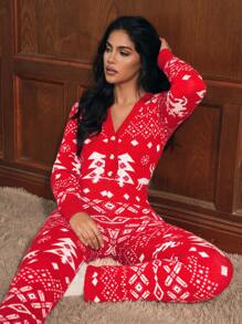 BamGleam Bộ quần áo len dài tay cài nút hình cây thông Noel và tuần lộc đỏ và bông tuyết mới cho phụ nữ cho quần áo năm mới - Đỏ - Xem 6