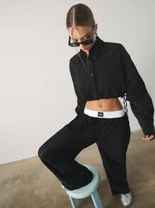SHEIN Unity 女式休闲双色腰带阔腿裤 - 白色 - 查看 4