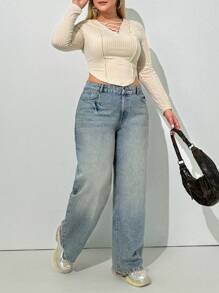 EURMUSE Plus Mid Waist Belt Detailed Straight Jean - Medium Wash - View 6