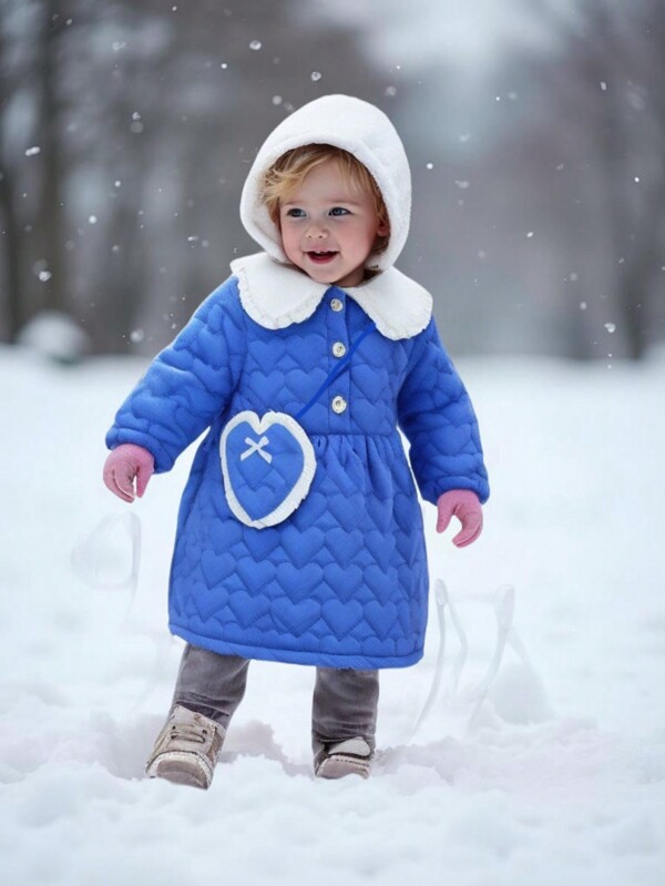 Vestido casual azul acolchoado em forma de coração, comprimento médio, com bolsa, outono/inverno