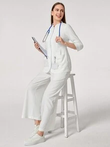 TaskEZ 1 Set Solid Color Long Sleeve Long Pants Uniform Button White Lab Coat Nurse Uniform Dental Clinic Pet Hospital Work Uniform Scrub Set With Pockets (Top And Pants) - White - View 7