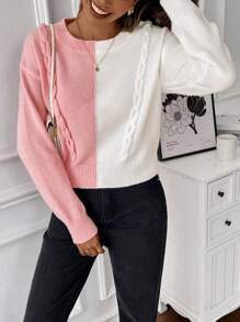 SHEIN LUNE Women Casual Contrast Color Round Neck Pullover Sweater Top Knit Pullover Fall Winter Outfit - Pink - View 5