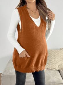 SHEIN Maternity Loose V-Neck Pocket Design Knit Vest Sweater, Casual For Autumn