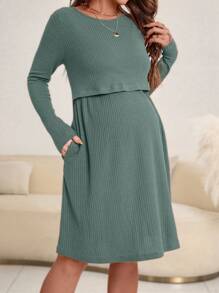 SHEIN Pregnant Women Solid Round Neck Long Sleeve Simple Casual Nursing Dress, For Maternity - Green - View 4