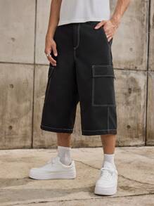 Forever 21 Quần lửng ống rộng thoải mái cho nam đi dạo phố có đường khâu tương phản màu đen, phù hợp cho mùa hè - màu đen - Xem 4