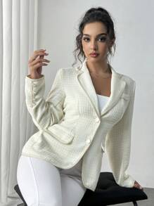 SHEIN Unity 1pc Plain Thick Knitted Cloth Lapel Collar Flap Detail Tape Trim Long Sleeve Overcoat - Apricot - View 5
