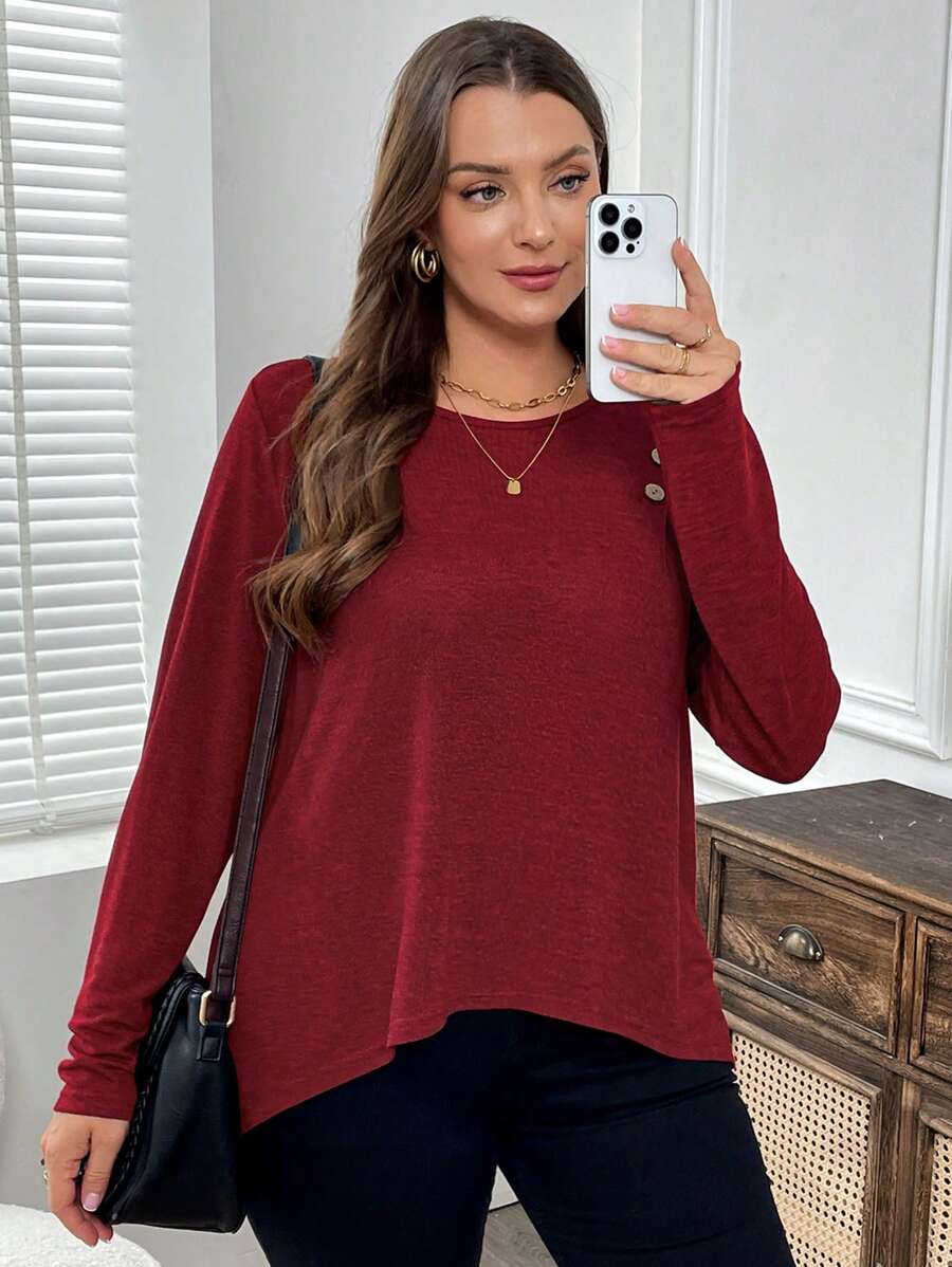 EMERY ROSE 大码前短后长纽扣装饰酒红色勃艮第上衣，休闲日常穿着，冬季女装 - 酒紅色 - 查看 1