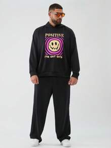 Mainfolk Plus Size Men Loose Knitted Letter Graphic Hoodie And Sweatpants Two-Piece Set, For Fall Winter - Black - View 4