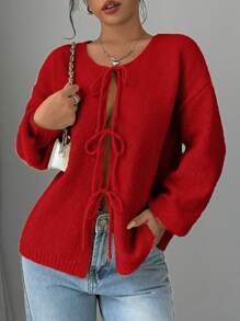 Chiquease Casual Solid Color Front Tied Design Long Sleeve Cardigan, Autumn For New Year Clothes - Red - View 5