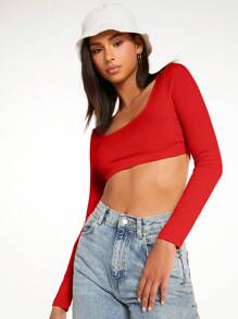 SHEIN BASICS 女式纯色圆领长袖短款休闲 T 恤，新年 - 紅色 - 查看 5