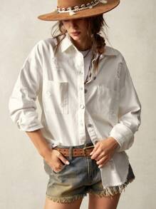 Bohemela 休闲纯色编织宽松落肩长袖女式夹克 - 白色 - 查看 1