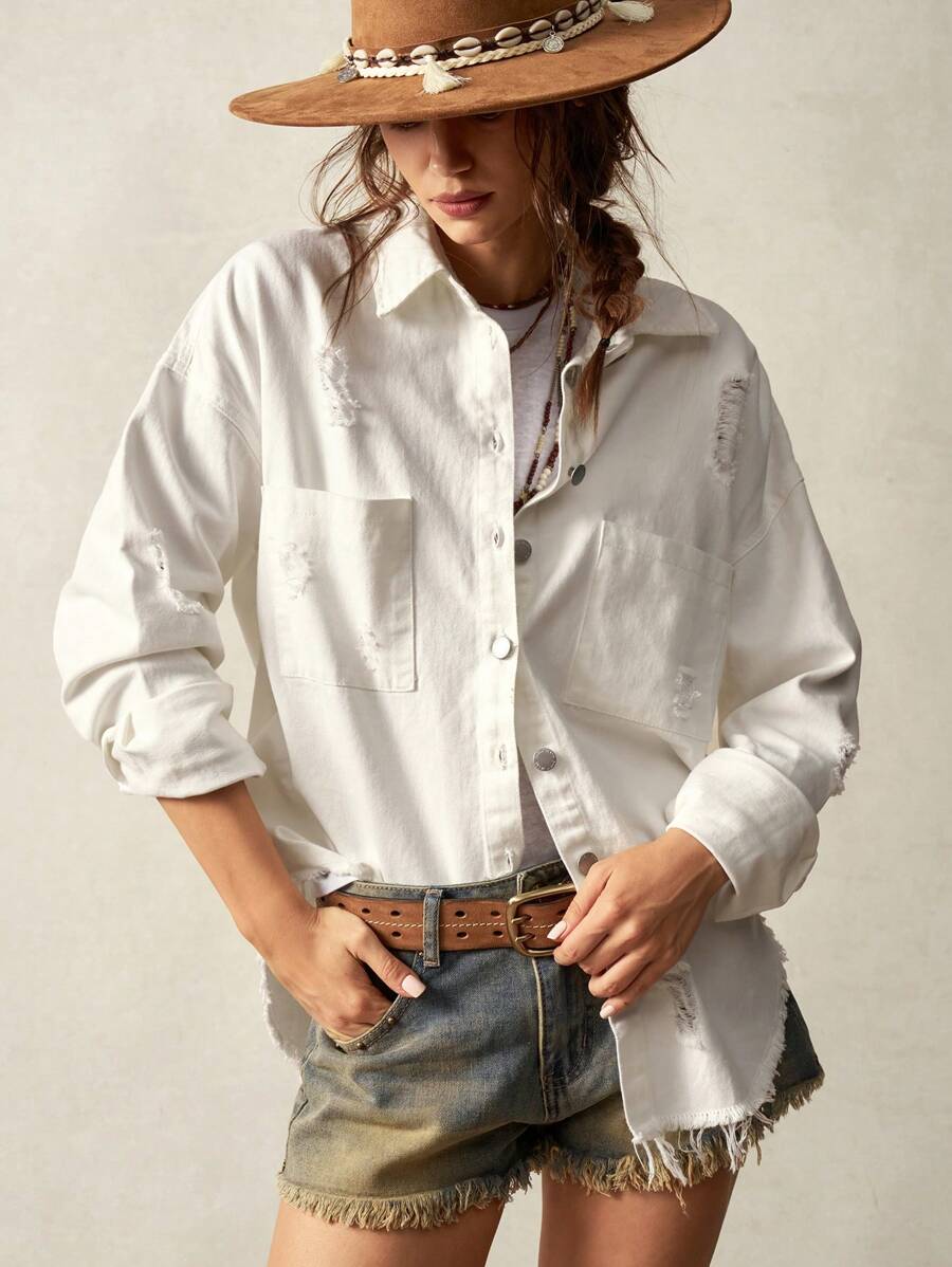 Bohemela 休闲纯色编织宽松落肩长袖女式夹克 - 白色 - 查看 1