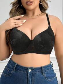 1 pieza Sujetador de lencería con soporte de aros, cómodo y transpirable, sin costuras, con diseño de encaje, para tallas grandes - Negro - Ver 1