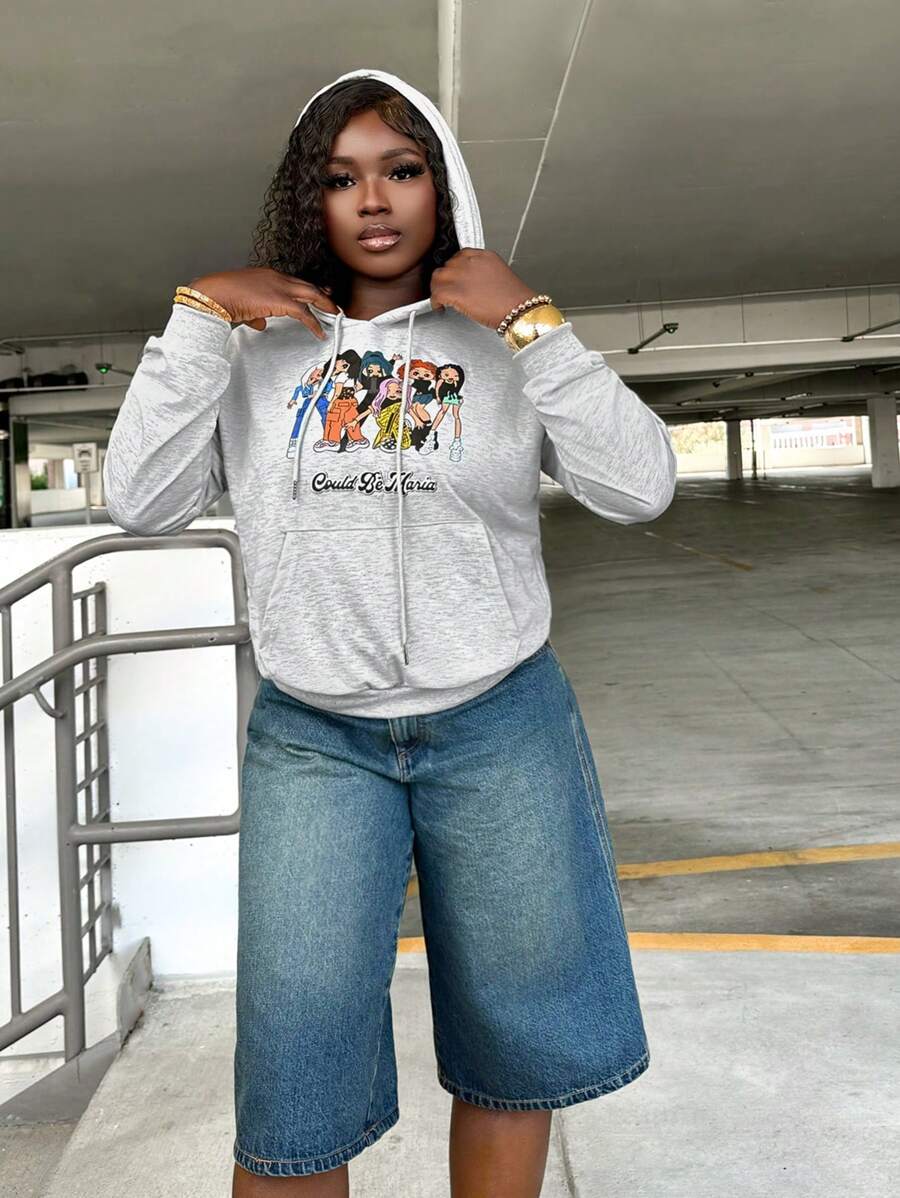 Zolique Essnce Damen Lässiger Sport Stil Bedruckter Kordelzug Kapuzenpullover Herbst - Grau - Übersicht 1