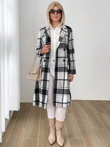 SHEIN LUNE Women's Plaid Notch Collar Long Sleeve Long Casual Blazer Jacket - Fall/Winter