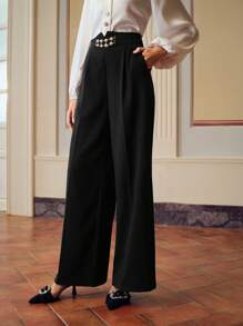 ZEYLAH FAUX PEARL CHAIN HIGH WAIST SLANT POCKET SEAM FRONT WIDE LEG SUIT PANTS - Black - View 6
