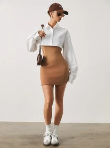 SHEIN Unity 2 件女式卡其色针织迷你连衣裙 + 白色短款衬衫两件套 - 彩色 - 查看 4