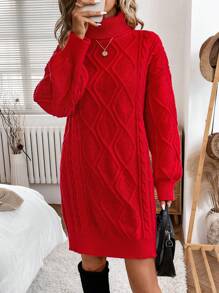 SHEIN LUNE 2024 Fall/Winter New High Collar Cable Knit Sweater Women, Vintage Oversized Thick Pullover Midi-Length - Burgundy - View 2