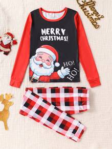 SHEIN 少女卡通淘气圣诞老人图案彩色上衣和格子裤休闲家居服套装，贴身合体，适合圣诞节 - 彩色 - 查看 2