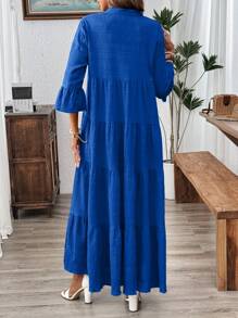 EMERY ROSE 1pc Textured Solid Color Flared Bell Sleeve Ruffle Hem Elegant Dress - Royal Blue - View 2