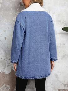 SHEIN LUNE 女士休闲保暖牛仔夹克，秋冬季加厚牛仔布 - 藍色 - 查看 7