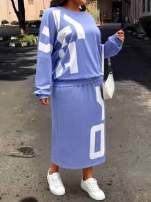 SHEIN LUNE 大码女式蓝色印花长袖休闲运动两件套 - 彩色 - 查看 5