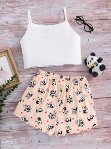 SHEIN Bộ đồ ngủ thường ngày hai mảnh in họa tiết hoạt hình dành cho bé gái tuổi mới lớn và quần short rộng - Màu be - Xem 2