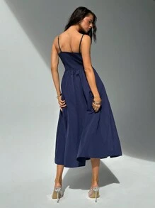 Aloruh 純色細肩帶百褶中長裙，適合日常休閒穿著 - 藏蓝色 - 查看 2
