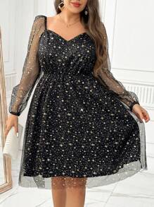 SHEIN Clasi Damen Kleid in Große Größen, langärmelig, mit Muster, Lässig, Mesh-Material