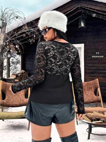 Flirla Große Größen sexy Spitzen-Patchwork Figurbetontes T-Shirt mit tiefem V-Ausschnitt