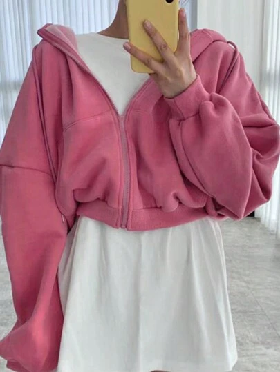 Hooded Loose Pocket Casual Women Sweatshirt Jacket