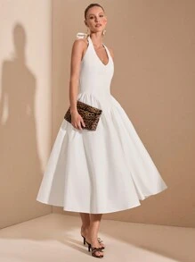 SHEIN BAE Robe blanche pure à col en V profond avec cravate à la taille et manches bouffantes pour occasions formelles, remise de diplômes, soirée cocktail, rendez-vous romantique, superposition d'hiver, fête, boîte de nuit, robe de demoiselle d'honneur, tenue de soirée, Halloween, Noël