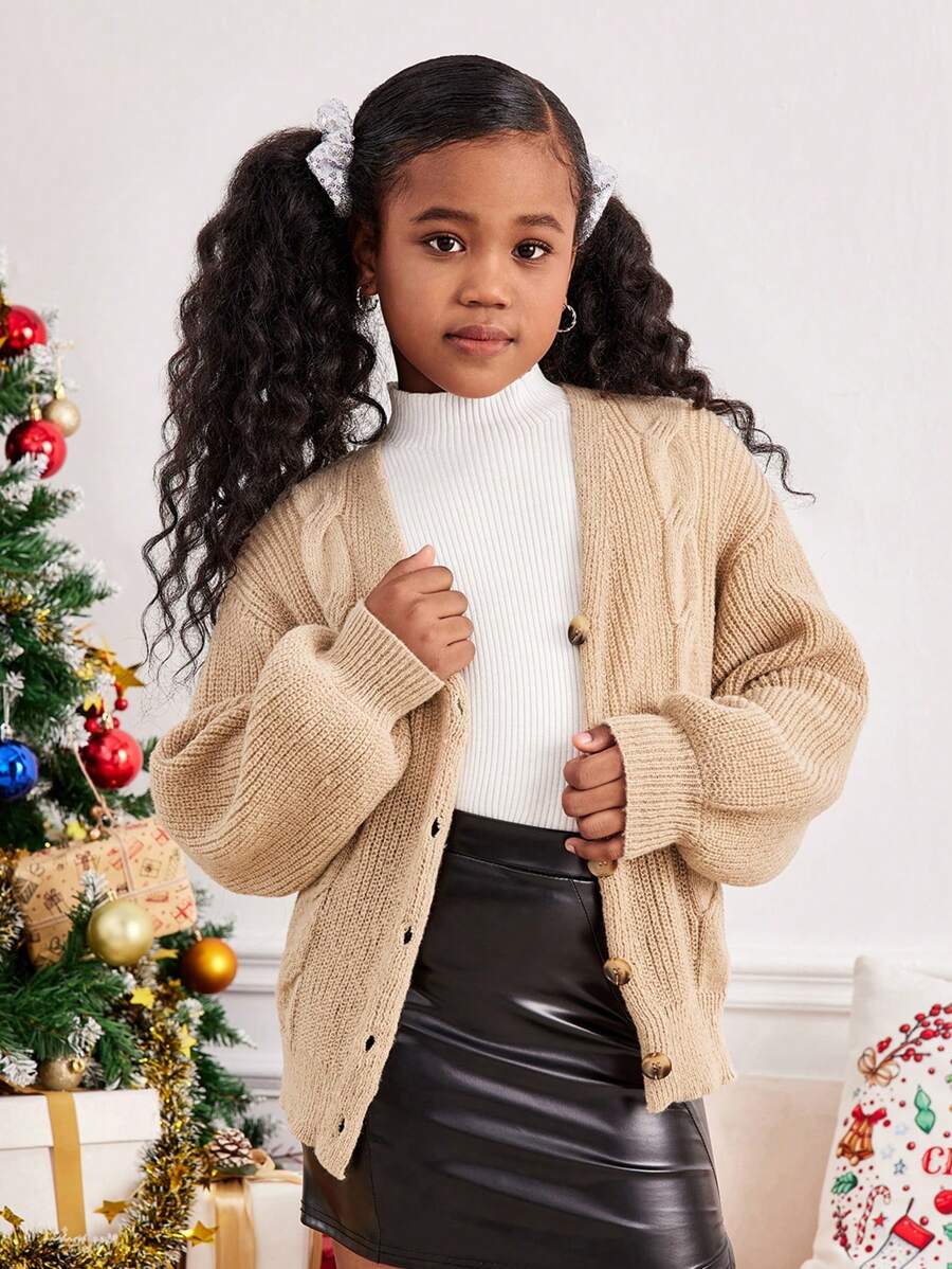 Tween Girl 圣诞粗针织开衫,休闲宽松保暖毛衣,适合秋冬季 - 卡其色 - 查看 1